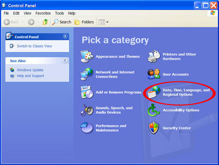 Windows XP Date, Time, Language and Regional Options