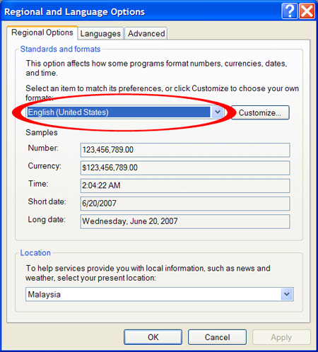 Windows XP Regional and Language Options