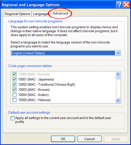 Windows XP Regional and Language Options Advanced tab